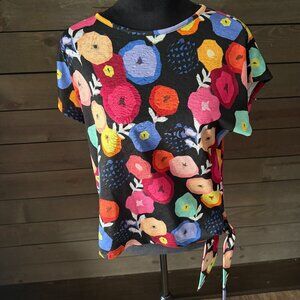 Trisha Tyler Colorful Bold Floral Tie Waist Short Sleeve Tee Shirt Large